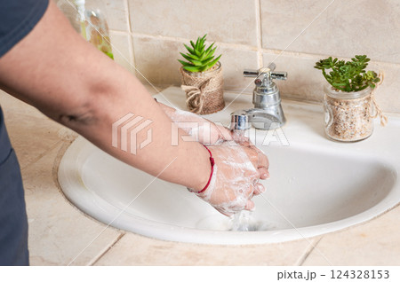 Close up of a person washing their hands with soap, concept of correct hand washing, ways to prevent covid19 Close up of a person washing their hands with soap, concept of correct hand washing, ways to prevent covid19 124328153