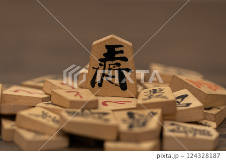 沢山の将棋の駒の上に王将が立っている　権力者が弱いものを虐げているイメージ 124328187