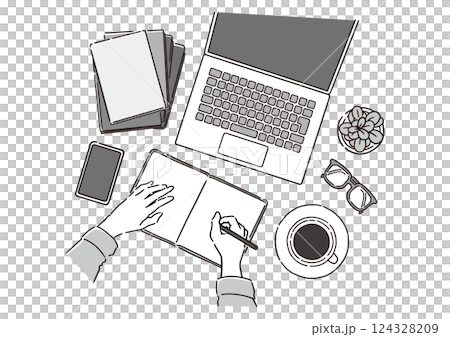 書桌和工作場景的鳥瞰圖——適用於遠距工作、學習和寫作等各種情況 124328209