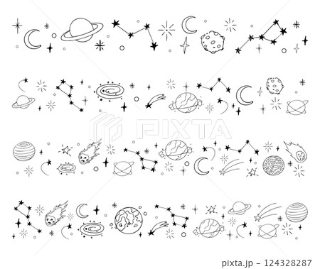 Celestial doodle border, falling star blink divider. Hand drawn ornament with stars, planets, meteorite and moon. Space magic simple decor. 124328287