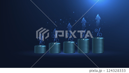 Stack of coins with arrow up icons and percentage on a dark blue background. Stack of coins with arrow up icons and percentage on a dark blue background. 124328333