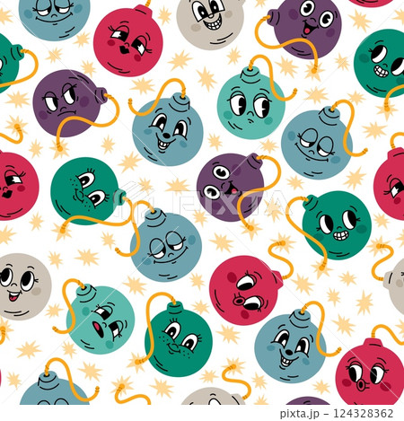 Cartoon bombs seamless pattern. Repeated round explosives with burning wicks and cute faces in animation style. Cartoon dynamite characters. Grenade detonation. Garish vector background 124328362