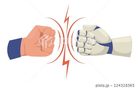 Competitive struggle between robot and human. Rivalry and confrontation. Artificial intelligence fight against people. Fists hitting. Robotic machine conflict with person. Vector concept Competitive struggle between robot and human. Rivalry and confrontation. Artificial intelligence fight against people. Fists hitting. Robotic machine conflict with person. Vector concept 124328365