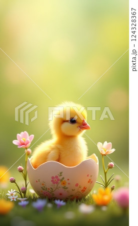 Small chicken just hatched from egg sitting in half shell decorated with floral pattern. Easter, beginning of new life.  124328367