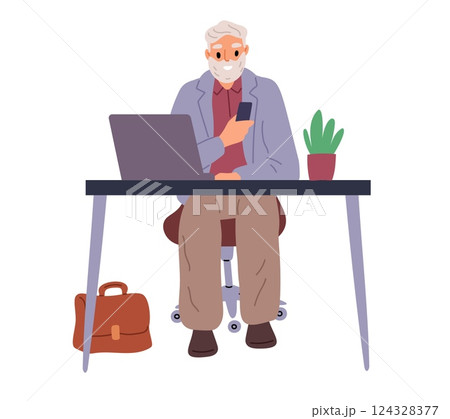 Elderly man works at computer table in office. Senior person at workplace. Freelance job for grandparent. Old businessman. Pensioner worker. Grandfather studying at laptop. Vector concept 124328377