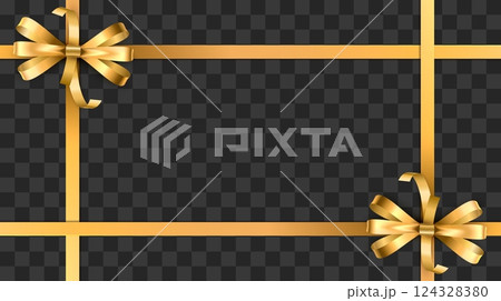 Gold satin ribbons with bows on transparent background. Decorative lace frame. Festive box border. Golden bowknots. Birthday present. Packaging with 3D silk bands. Vector holiday mockup Gold satin ribbons with bows on transparent background. Decorative lace frame. Festive box border. Golden bowknots. Birthday present. Packaging with 3D silk bands. Vector holiday mockup 124328380