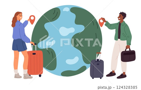 Guy and girl choose country to travel on big globe. Travelers with suitcases. Touristic destination choice. Planet map pin. Couple planning trip. Adventure vacation. Vector concept Guy and girl choose country to travel on big globe. Travelers with suitcases. Touristic destination choice. Planet map pin. Couple planning trip. Adventure vacation. Vector concept 124328385