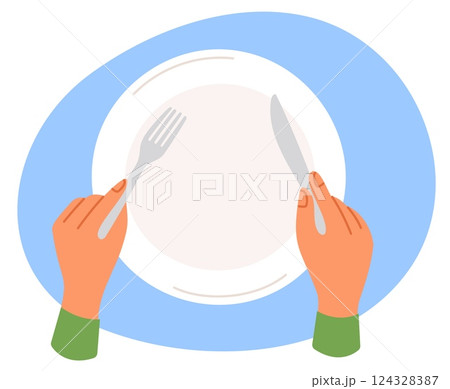 Hands holding knife and fork over clean plate preparing to eat. Dining table top view. Cutlery in arms. Restaurant dinner. Cafe tableware serving. Banquet meal etiquette. Vector concept 124328387