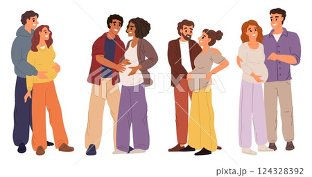 Happy couples with pregnant women. Childbirth expecting. Wife and husband embrace. Pregnancy or parenthood. Belly mother hugs father. Newborn baby expectation. Young parents vector set 124328392