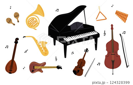 Jazz band. Musical instruments. Acoustic or electric guitars. Music performance. Saxophone and violin sound. Piano for orchestra concert. Cello and trumpet playing. Vector objects set 124328399