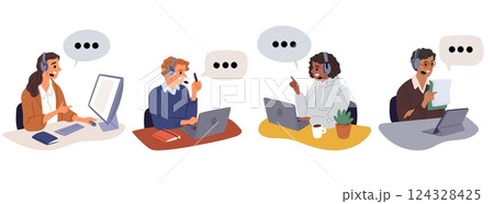 Male and female support workers negotiate with customers. Mobile helpdesk chat. Buyers assistance. Hotline employees talking with clients. Operators at computers. Vector assistants set 124328425