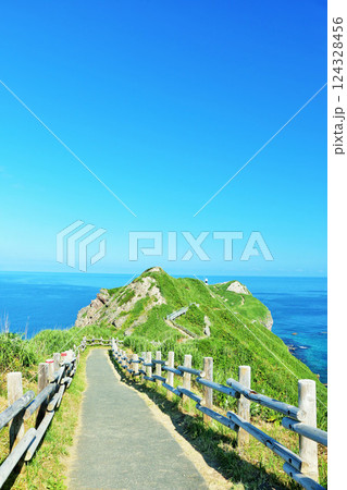 北海道　青空と青い海の神威岬 124328456