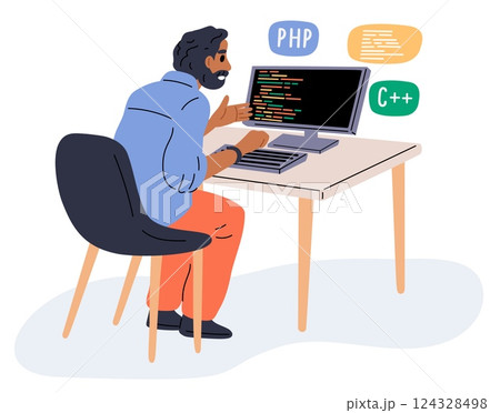 Male programmer works at computer. Software programming and coding. Digital technology development. Network engineering. Application developer. Internet website designer. Vector concept Male programmer works at computer. Software programming and coding. Digital technology development. Network engineering. Application developer. Internet website designer. Vector concept 124328498
