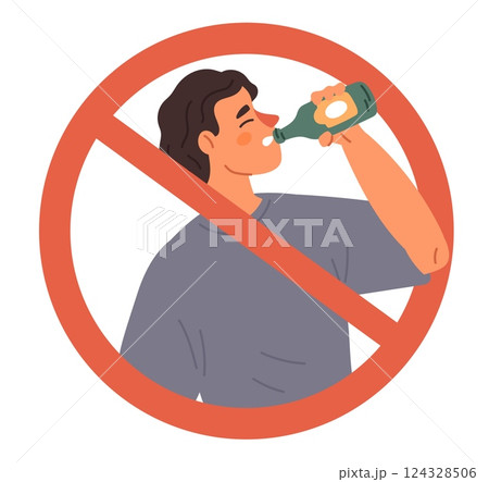 Man drinking alcohol prohibition sign. Stop drunk addiction. Unhealthy habit forbidden symbol. Crossed circle. Alcoholic beverage rejection. Prohibited beer. Booze ban vector pictogram Man drinking alcohol prohibition sign. Stop drunk addiction. Unhealthy habit forbidden symbol. Crossed circle. Alcoholic beverage rejection. Prohibited beer. Booze ban vector pictogram 124328506