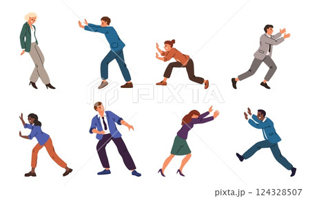 Men and women pushing in different poses. People press with efforts. Strength action. Hard work. Persons pulling and prodding blocks. Power and persistence. Vector move positions set Men and women pushing in different poses. People press with efforts. Strength action. Hard work. Persons pulling and prodding blocks. Power and persistence. Vector move positions set 124328507