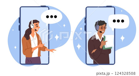 Mobile support service. Male or female hotline workers. Customers support. Helpdesk employee with phone and headset. Communication with clients. Online consultation. Vector concept Mobile support service. Male or female hotline workers. Customers support. Helpdesk employee with phone and headset. Communication with clients. Online consultation. Vector concept 124328508
