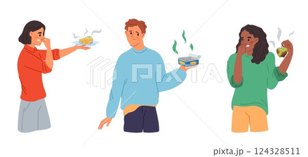People holding smelly spoiled food in hands. Rotting meal. Stinking canned fish. Apple and cheese with mildew. Unpleasant odor. Persons suffer from stench. Detestable smells vector set People holding smelly spoiled food in hands. Rotting meal. Stinking canned fish. Apple and cheese with mildew. Unpleasant odor. Persons suffer from stench. Detestable smells vector set 124328511