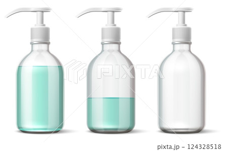 Realistic plastic bubble. Soap dispenser with different liquid levels. Full and empty bottle. Shampoo glass. 3D pump clear container. Cosmetic bath package. Vector packaging mockup set Realistic plastic bubble. Soap dispenser with different liquid levels. Full and empty bottle. Shampoo glass. 3D pump clear container. Cosmetic bath package. Vector packaging mockup set 124328518