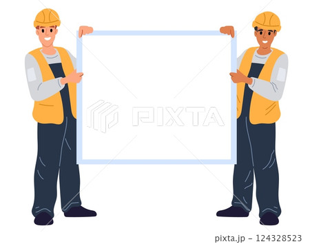 Two construction workers in special clothing hold white banner. Empty billboard. House repair and renovation. Builder man in uniform. Contractors presentation. Vector placard showing Two construction workers in special clothing hold white banner. Empty billboard. House repair and renovation. Builder man in uniform. Contractors presentation. Vector placard showing 124328523