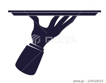 Waiter hand with tray. Black icon. Catering service. Meal serve. Cafe staff carrying plate. Arm holding gourmet dinner dish. Kitchen chef. Servant and butler. Vector restaurant waitress 124328525