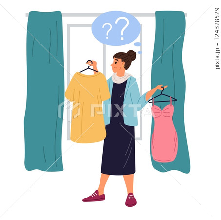 Woman chooses which dress to wear. Fitting room. Choice question. Customer trying fashionable clothing. Boutique sale. Garment fashion. Person buying clothes. Vector shopping concept Woman chooses which dress to wear. Fitting room. Choice question. Customer trying fashionable clothing. Boutique sale. Garment fashion. Person buying clothes. Vector shopping concept 124328529