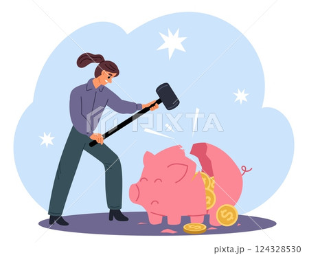Woman needing money. Girl breaking her piggy bank. Financial savings. Person smashing moneybox with hammer. Financial needy. Cash banknotes in pig safe. Deposit fund. Vector concept Woman needing money. Girl breaking her piggy bank. Financial savings. Person smashing moneybox with hammer. Financial needy. Cash banknotes in pig safe. Deposit fund. Vector concept 124328530