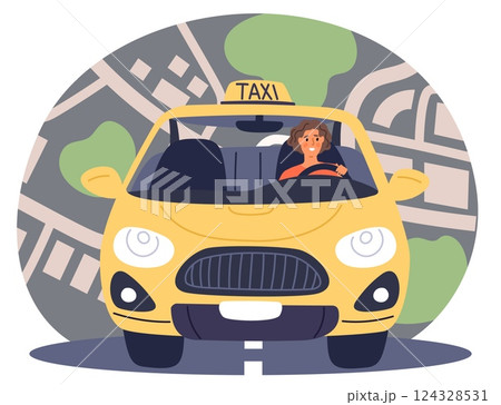Woman rides to call in yellow city taxi. Chauffeur driving car. City map. Cab traffic route. Female driver in automobile. Auto transportation service. Transport trip. Vector concept Woman rides to call in yellow city taxi. Chauffeur driving car. City map. Cab traffic route. Female driver in automobile. Auto transportation service. Transport trip. Vector concept 124328531