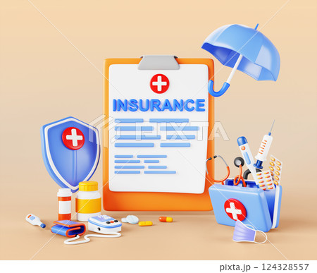 3d health insurance cartoon poster. Clipboard with paper policy form, shield, umbrella, first aid medicine bag, pills, syringe, stethoscope, tonometer. Healthcare, medical insurance. 3D illustration 124328557
