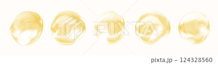 3d gold liquid oil drops render set. Golden collagen serum or essence bubbles with light flare effect. Isolated yellow water, honey or argan oil droplets. Cosmetic skincare product. 3D illustration 124328560