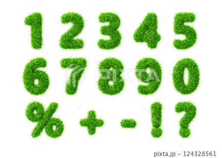 3d green grass font, fur fluffy numbers from 0 to 9. Fresh plant digits, percent sign, question mark, exclamation, plus, minus symbol with soft greenery moss texture. Nature, ecology. 3D illustration 3d green grass font, fur fluffy numbers from 0 to 9. Fresh plant digits, percent sign, question mark, exclamation, plus, minus symbol with soft greenery moss texture. Nature, ecology. 3D illustration 124328561