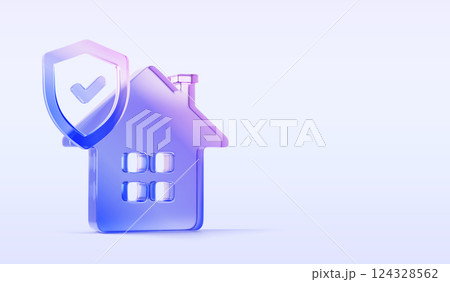 3d home insurance banner. Glass holographic transparent house icon with gradient protect shield on blue background render. Concept of real estate finance safety, property guarantee. 3D illustration 3d home insurance banner. Glass holographic transparent house icon with gradient protect shield on blue background render. Concept of real estate finance safety, property guarantee. 3D illustration 124328562