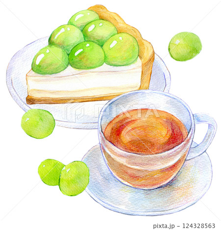 水彩イラスト　マスカットタルトのセットメニュー 124328563