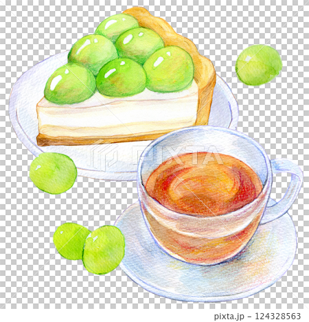 水彩插圖馬斯喀特蛋塔套餐 124328563