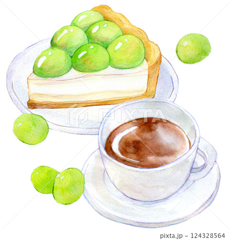 水彩イラスト マスカットタルトのセットメニュー 水彩イラスト マスカットタルトのセットメニュー 124328564