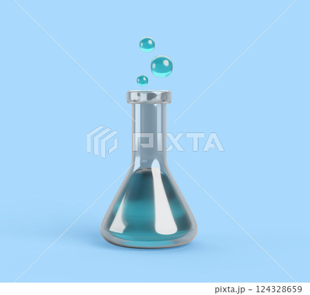 3d chemistry laboratory erlenmeyer flask with blue liquid and bubbles. Render lab glassware, glass conical beaker, isolated scientific equipment for medical or chemical experiment. 3D illustration 124328659