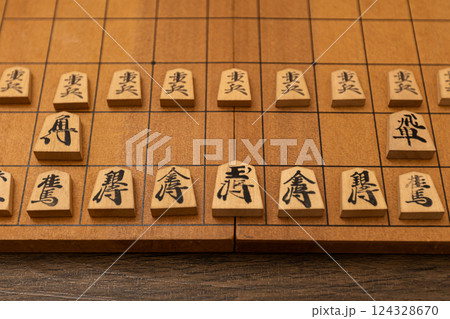 将棋盤の上に将棋の駒が並べられている 124328670