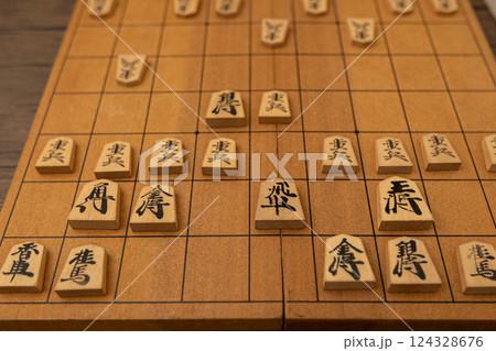 将棋盤の上に将棋の駒が並べられている　中飛車で戦っている 124328676