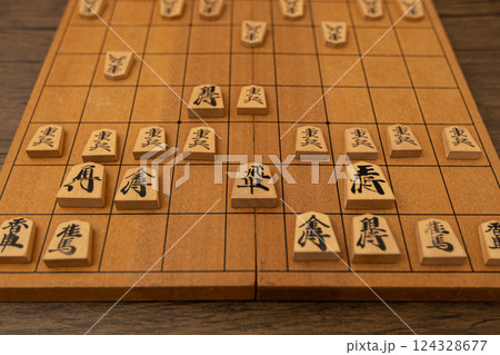 将棋盤の上に将棋の駒が並べられている　中飛車で戦っている 124328677