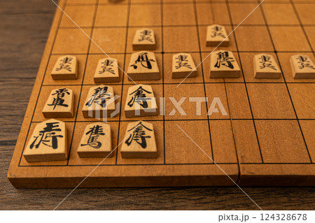 将棋盤の上に将棋の駒が並べられている　穴熊戦法で防御している 124328678