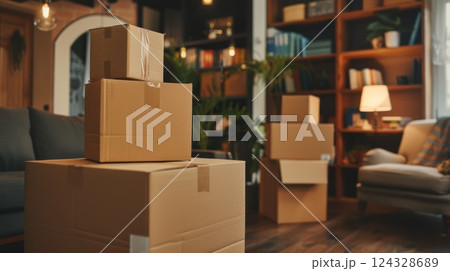 Moving Boxes in Living Room, Packed Cardboard Boxes for Relocation or Moving Day, Moving Process, New House Packing 124328689
