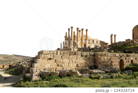 Temple of Zeus, Jordanian city of Jerash (Gerasa of Antiquity), capital and largest city of Jerash Governorate, Jordan. Carved on white background Temple of Zeus, Jordanian city of Jerash (Gerasa of Antiquity), capital and largest city of Jerash Governorate, Jordan. Carved on white background 124328714