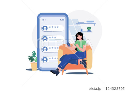 Customer Gives An Online Review On Mobile Application 124328795