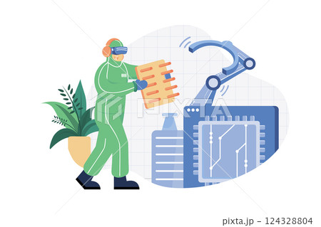 Asian male technician in sterile coveralls is wearing virtual reality headsets at the semiconductor manufacturing plant 124328804