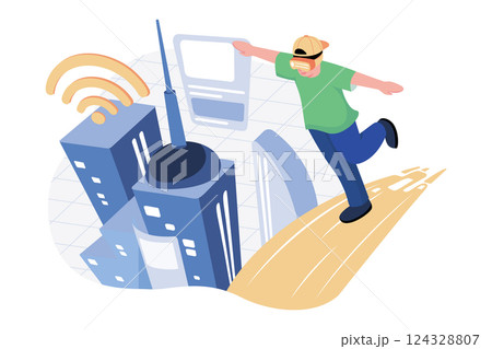 High angle view of a man walking on the digital bridge to a futuristic metaverse smart city 124328807