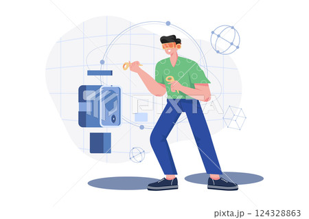 A man having fun playing metaverse VR virtual reality glasses 124328863
