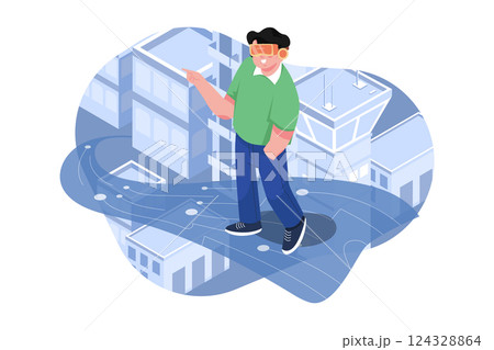 High angle view of a man walking on the digital bridge to a futuristic metaverse smart city 124328864