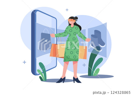Woman wearing VR glasses having 3D experience in shopping in the metaverse. 124328865