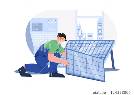 A male engineer is wearing a virtual reality headset to check solar panel projects in the office 124328866