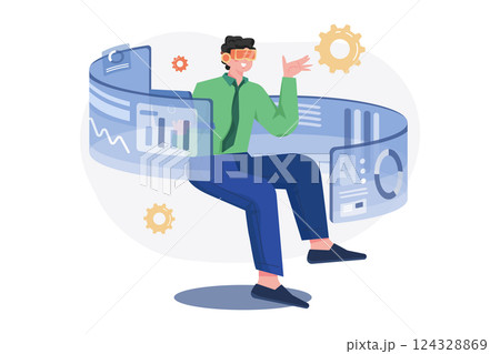 Businessman use VR virtual reality glasses and experiences of metaverse virtual world for business future 124328869