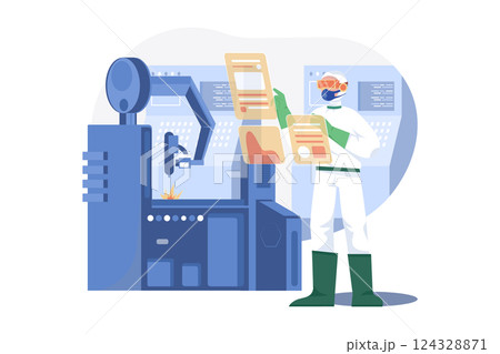 Asian male technician in sterile coveralls is wearing virtual reality headsets at the semiconductor manufacturing plant 124328871